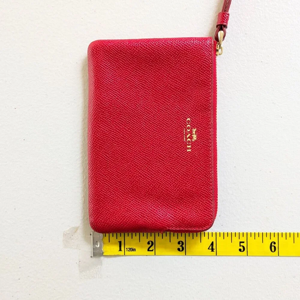 COACH Red Crossgrain Leather Small Wristlet Corner Zip Pouch Card Slots F58032